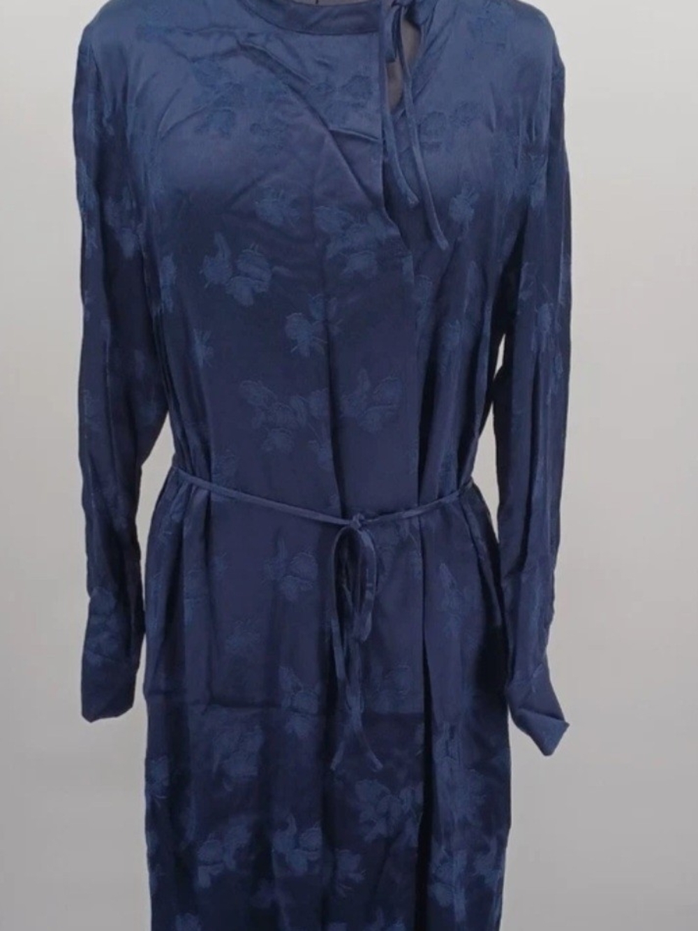 Vince Navy Floral Jacquard Long Sleeve Tie-Waist Dress